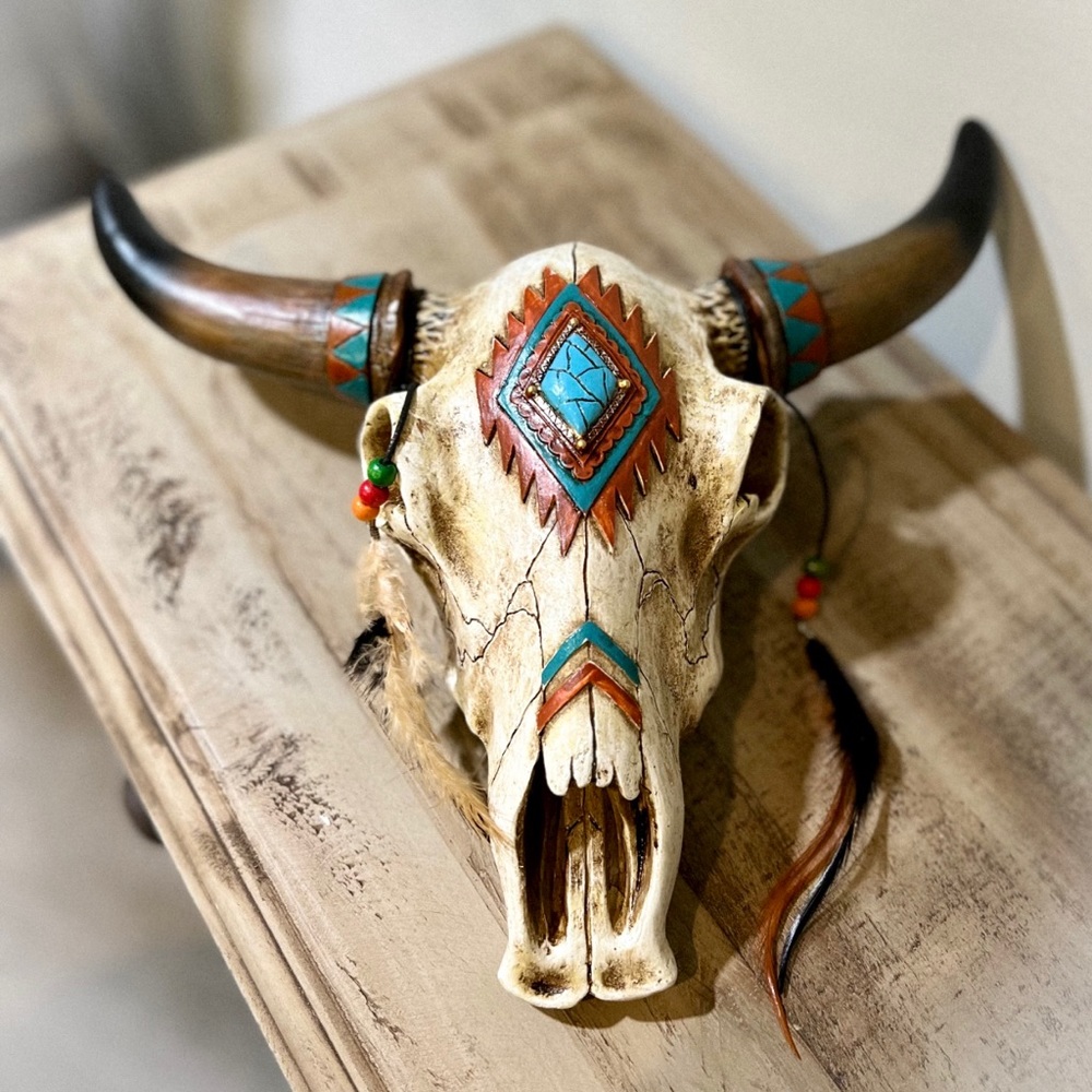 Southwest Bull Skull with Feathers Faux Turquoise Stone - Wall Hanging